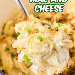 pinterest image for tortellini mac and cheese