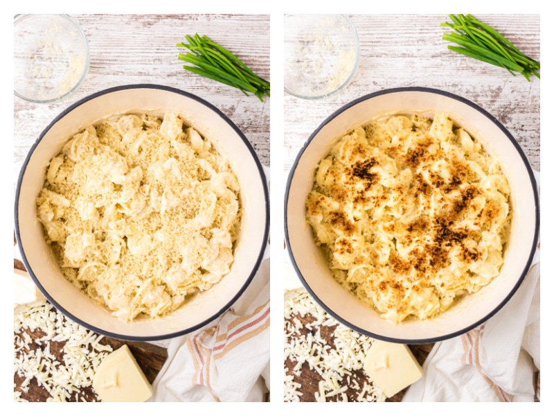 two photos showing tortellini mac and cheese with breadcrumbs on top and then baked