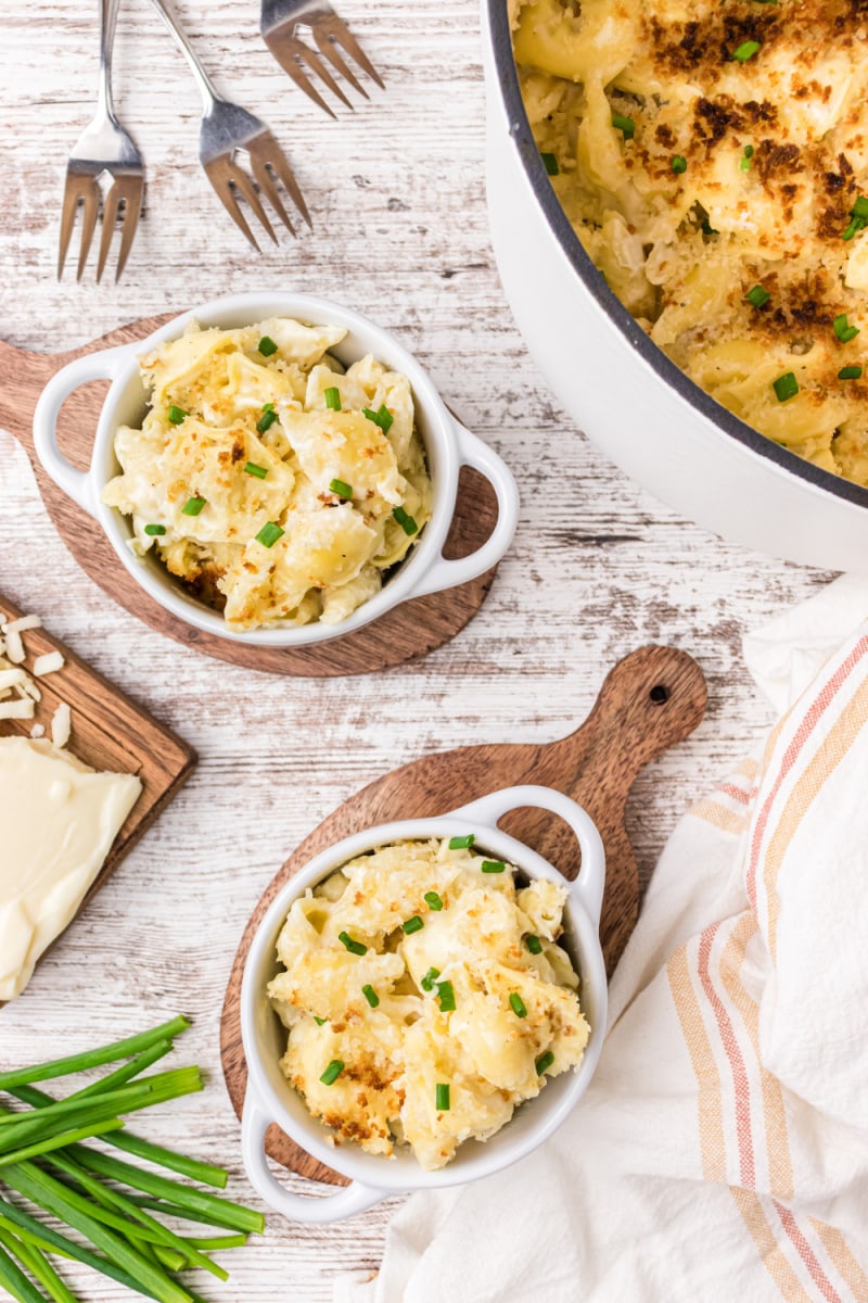 two dishes os tortellini mac and cheese