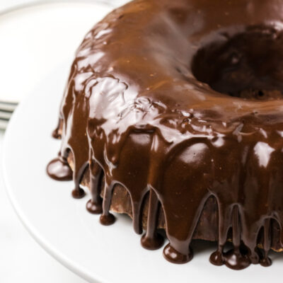 chocolate bundt cake topped with icing