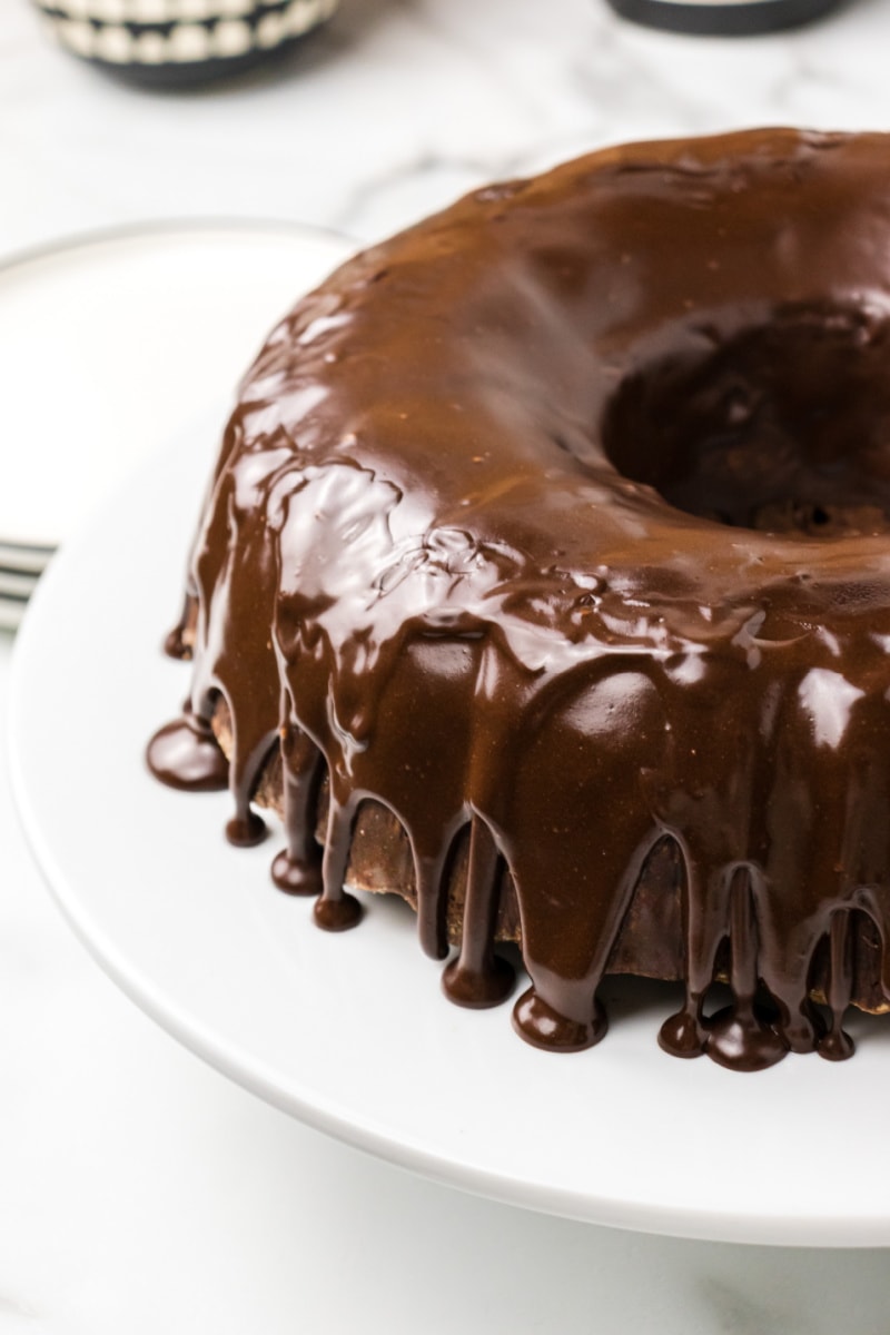 chocolate bundt cake topped with icing