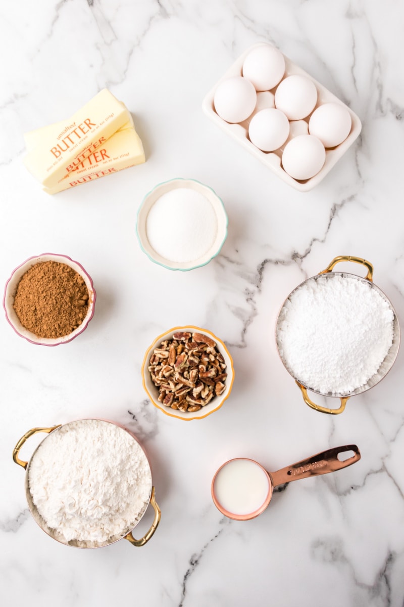 ingredients displayed for making tunnel of fudge cake