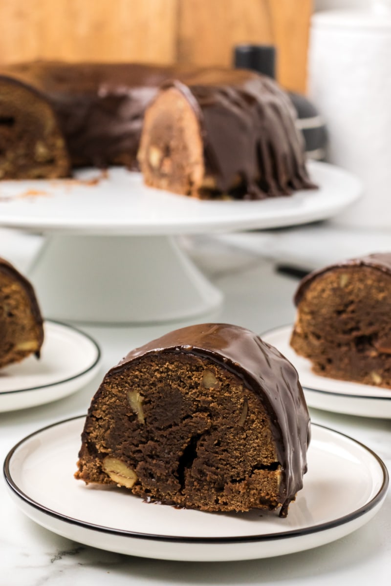 slice of tunnel of fudge cake on a plate