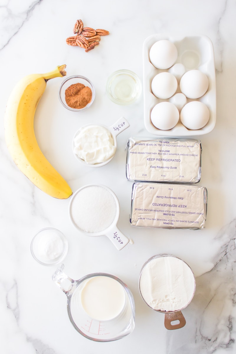 ingredients displayed for making banana cheesecake cake