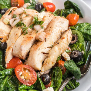 pinterest image for grilled chicken spinach salad