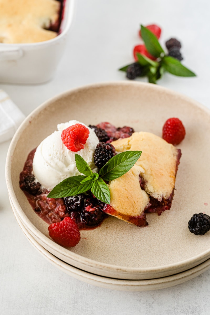 serving of blackberry raspberry cobbler on a plate