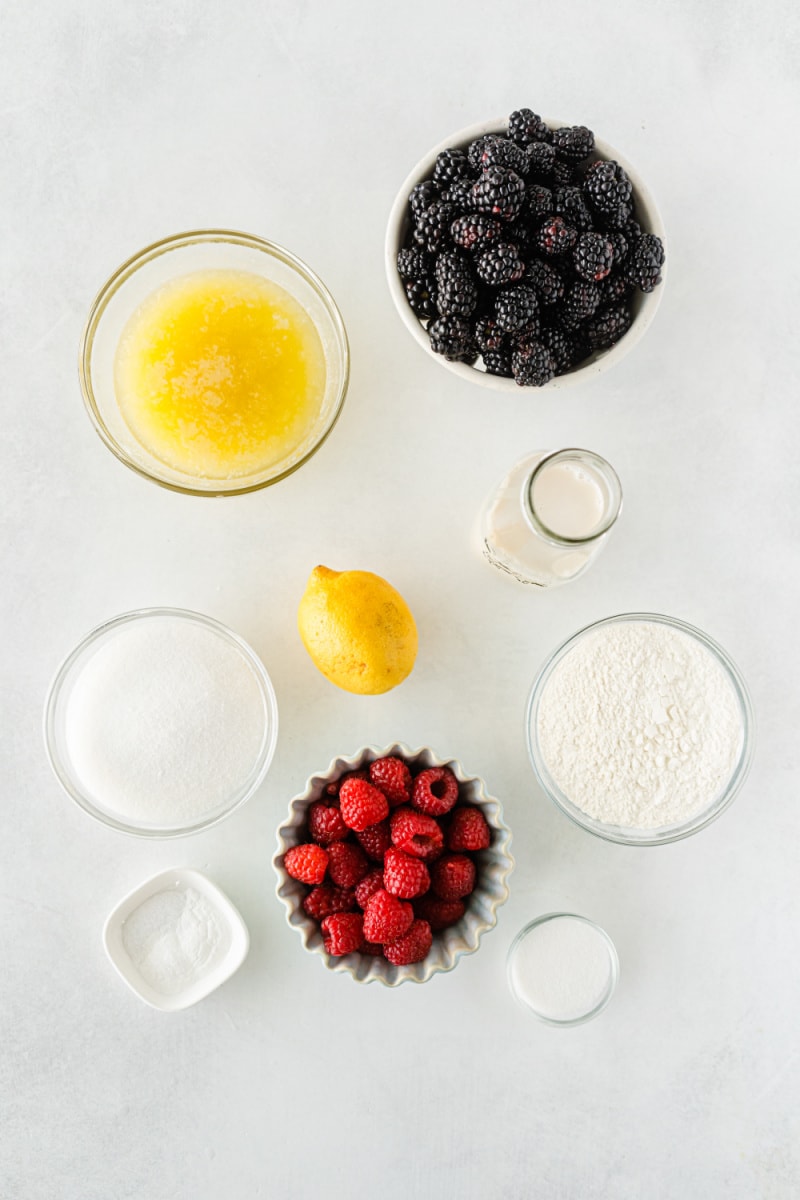 ingredients displayed for making blackberry raspberry cobbler