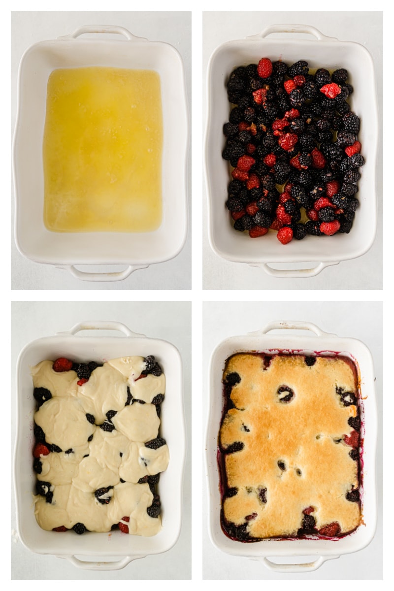 four photos showing how to make blackberry raspberry cobbler