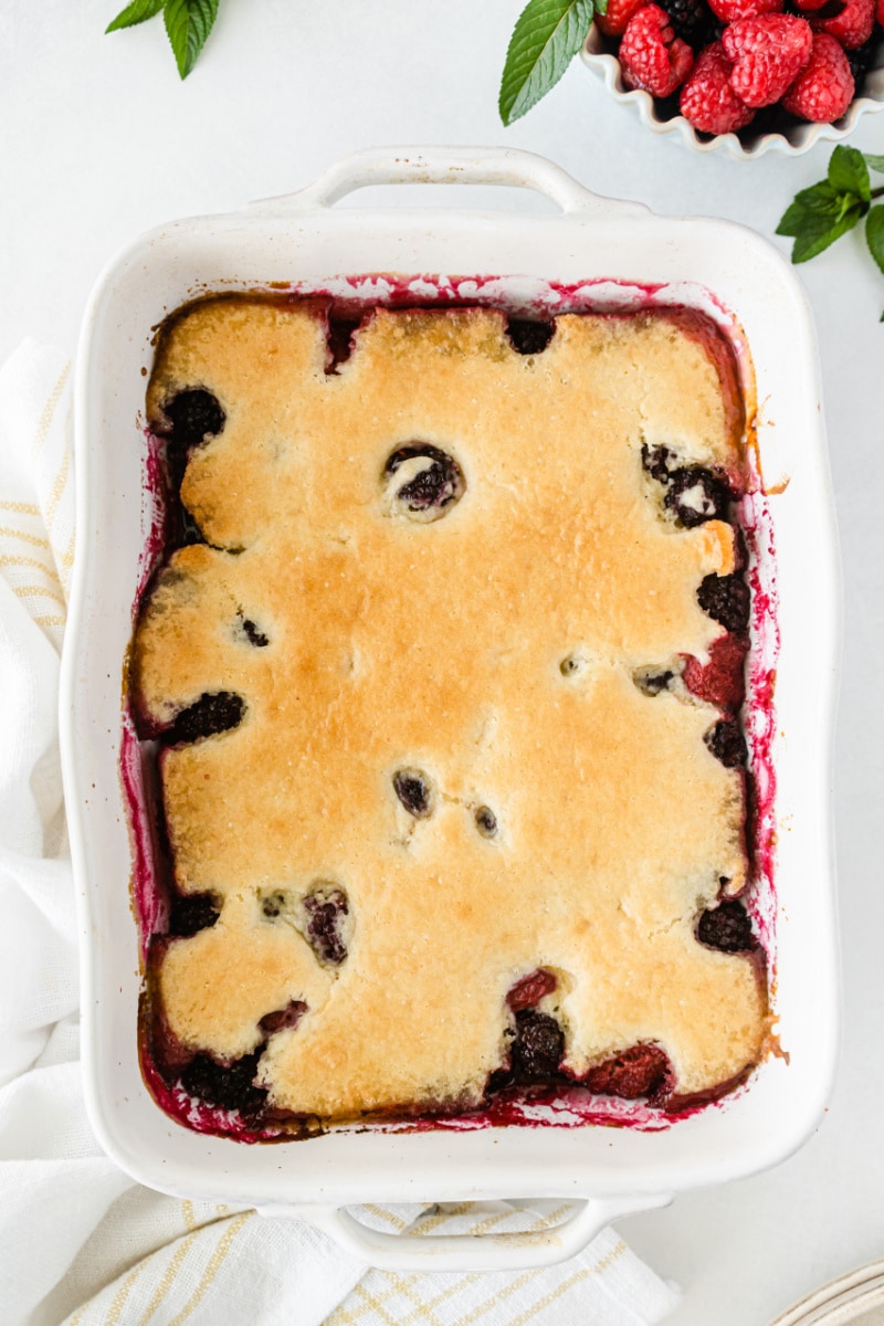blackberry raspberry cobbler in a dish
