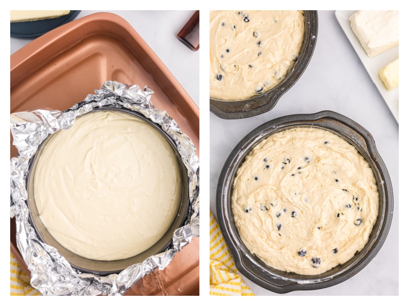 Blueberry Cheesecake Cake recipe from RecipeGirl.com #lemon #blueberry #cheesecake #cake #recipe #RecipeGirl two photos showing pan of cheesecake and two pans of blueberry cake ready for oven