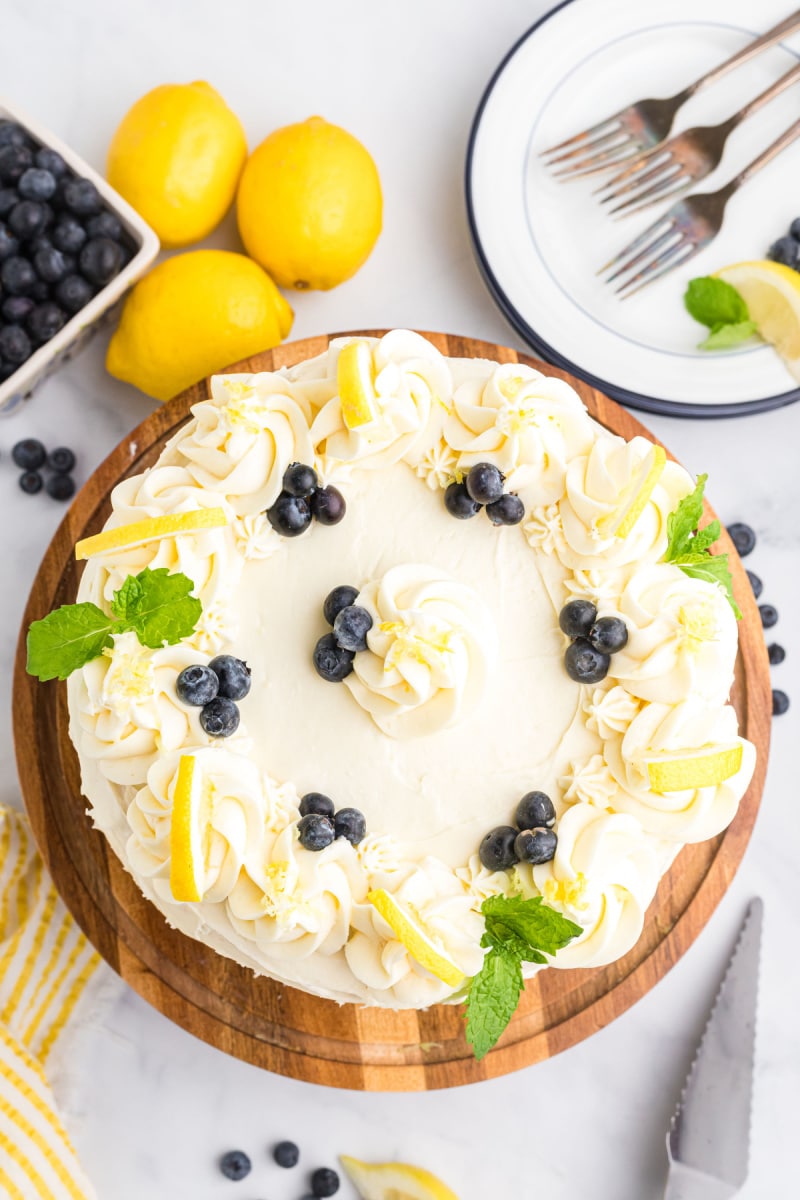 overhead shot of blueberry cheesecake cake