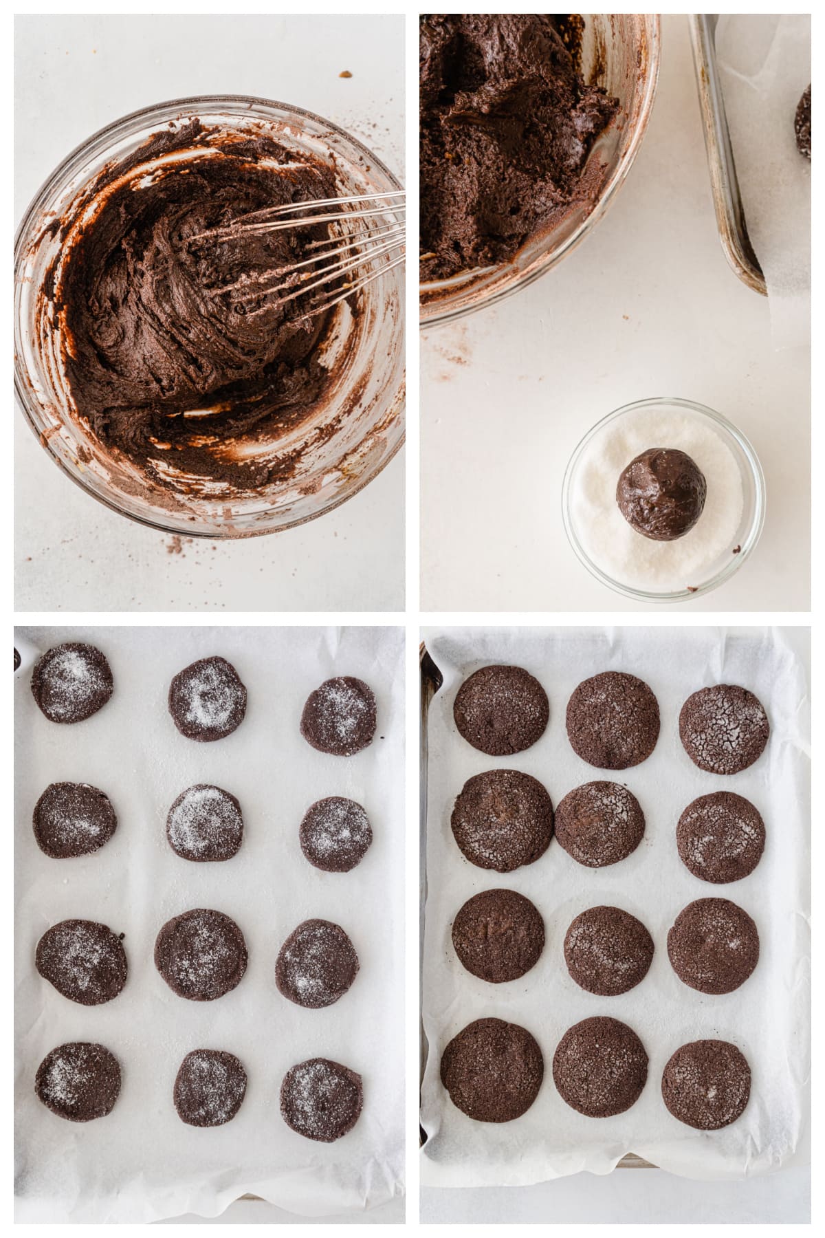 four photos showing how to make chocolate sugar cookies