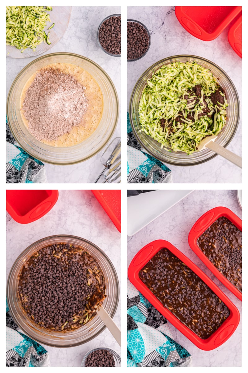 four photos showing how to make chocolate zucchini bread