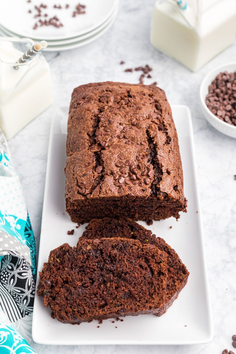 loaf of chocolate zucchini bread sliced open