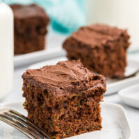 slices of chocolate cake on white plates