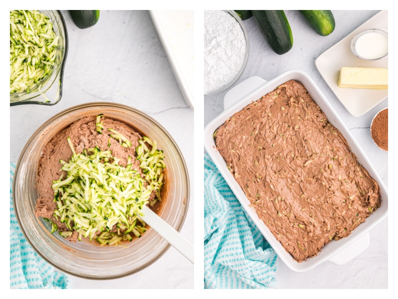 two photos showing batter in bowl with zucchini and then spread into baking pan