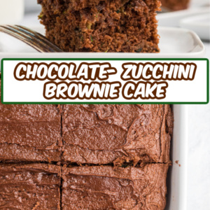 pinterest image for chocolate zucchini brownie cake