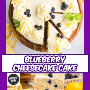 pinterest image for blueberry cheesecake cake