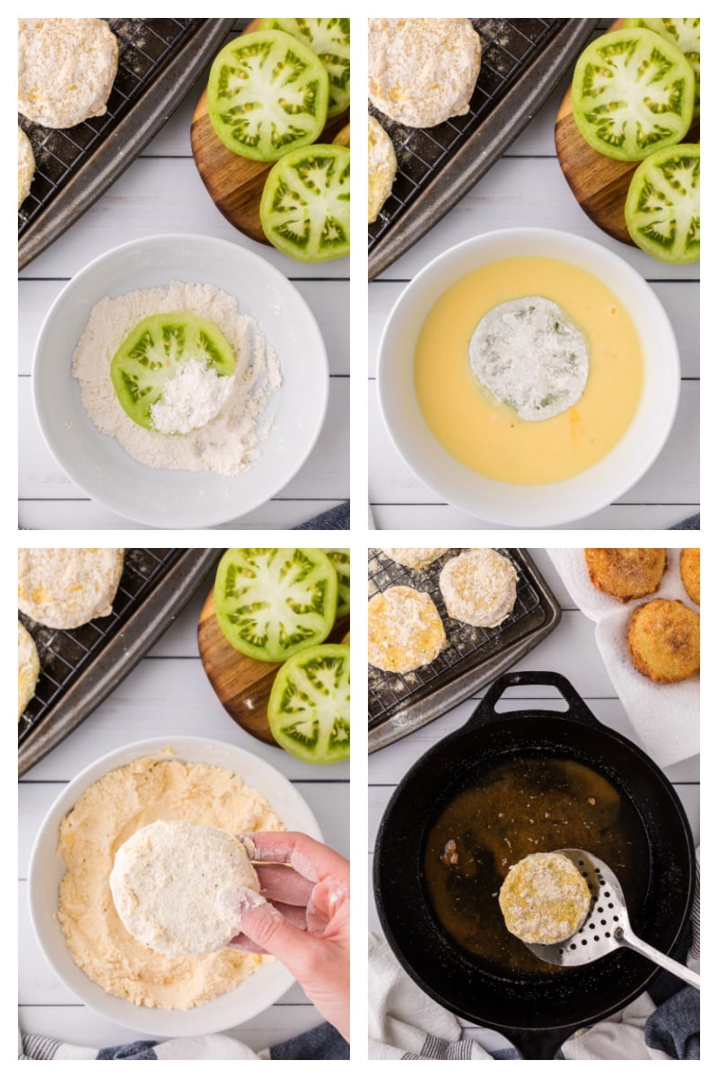 four photos showing how to make fried green tomatoes