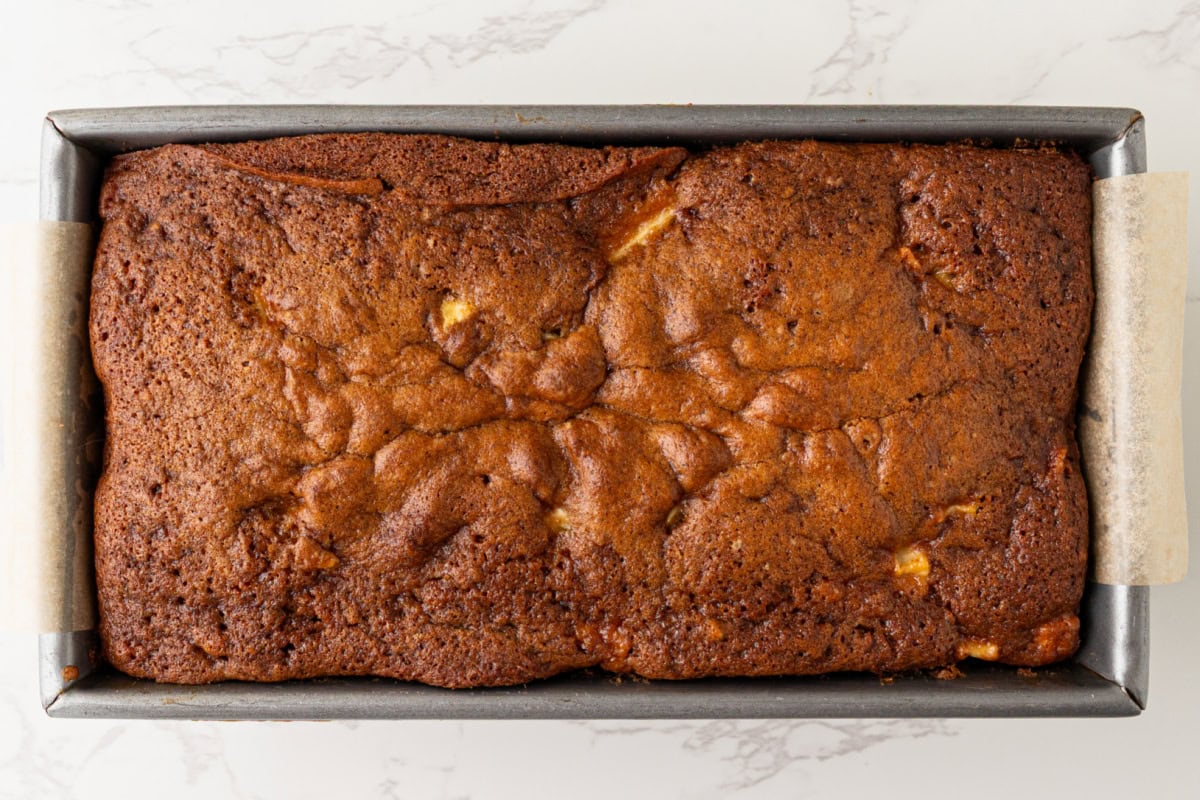 The best fall bread recipe! Apple Cider Bread from RecipeGirl.com. overhead shot of apple cider bread in pan
