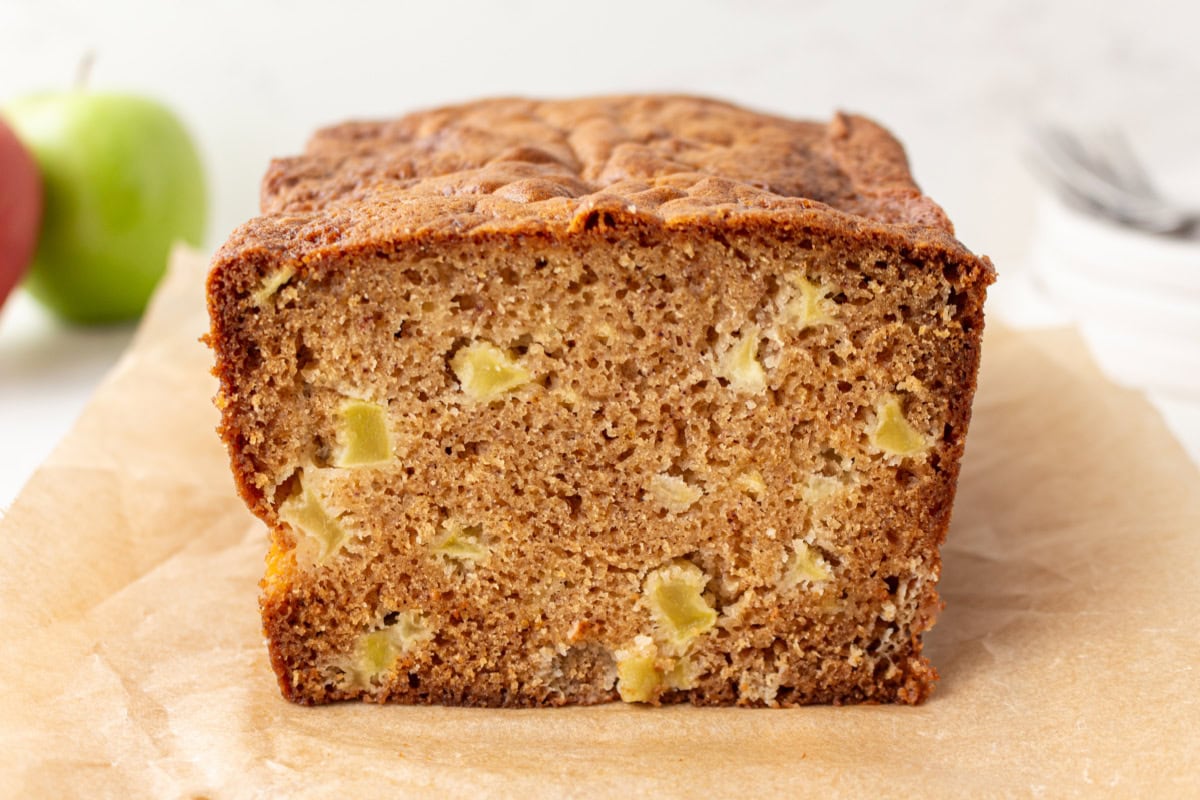 The best fall bread recipe! Apple Cider Bread from RecipeGirl.com. loaf of apple cider bread sliced open