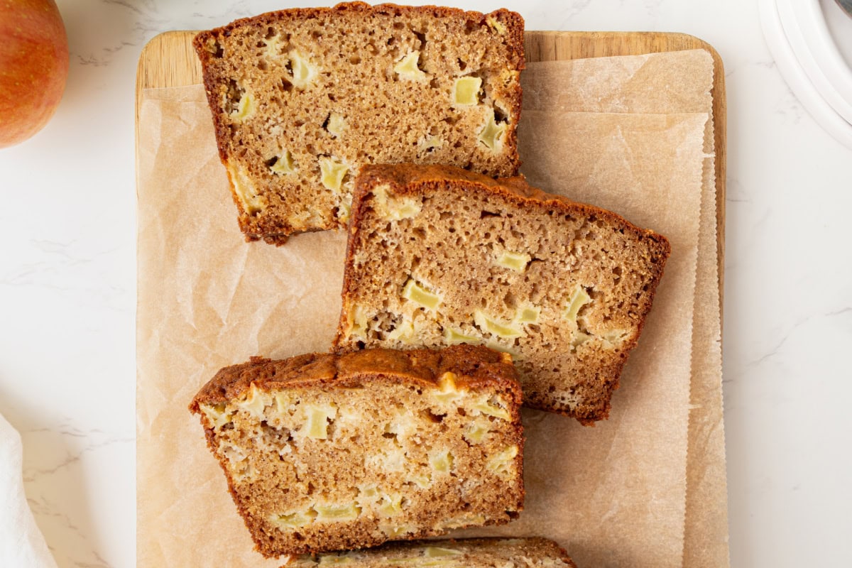 The best fall bread recipe! Apple Cider Bread from RecipeGirl.com. slices of apple cider bread on board
