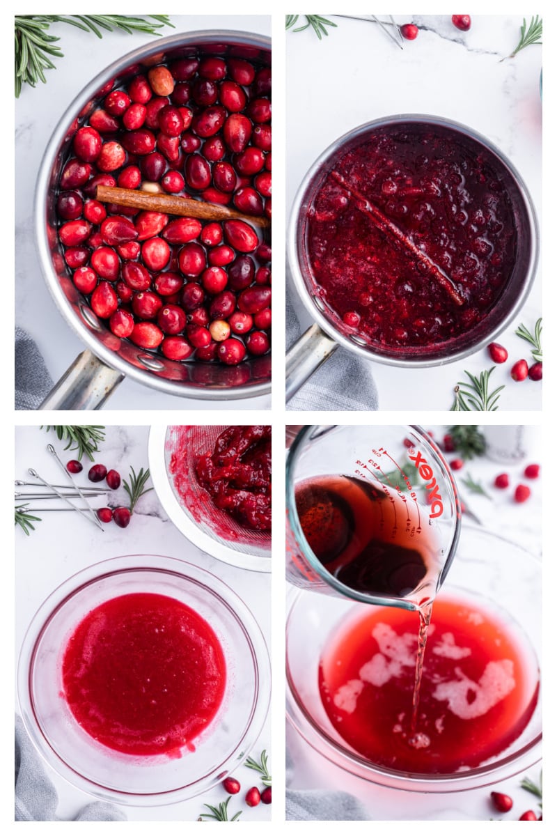 four photos showing how to make cranberry syrup for cocktails