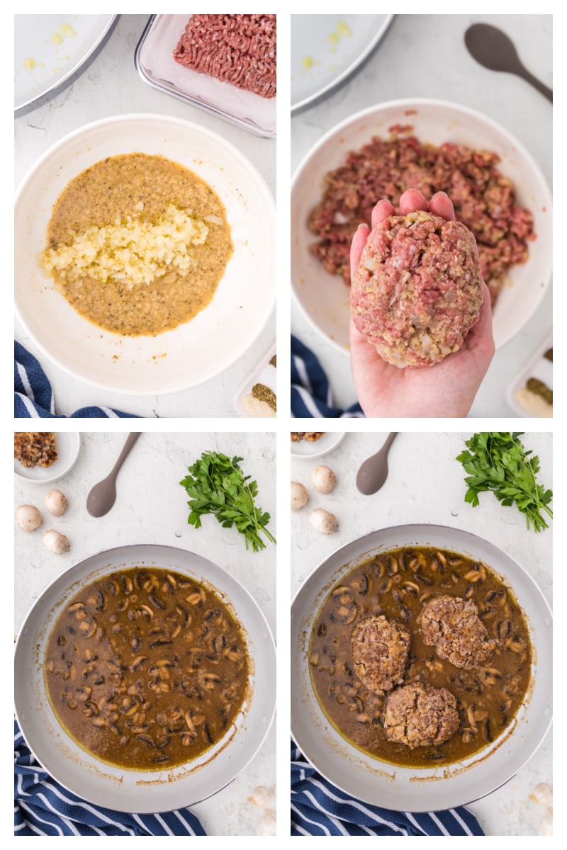 four photos showing how to make salisbury steak in a skillet