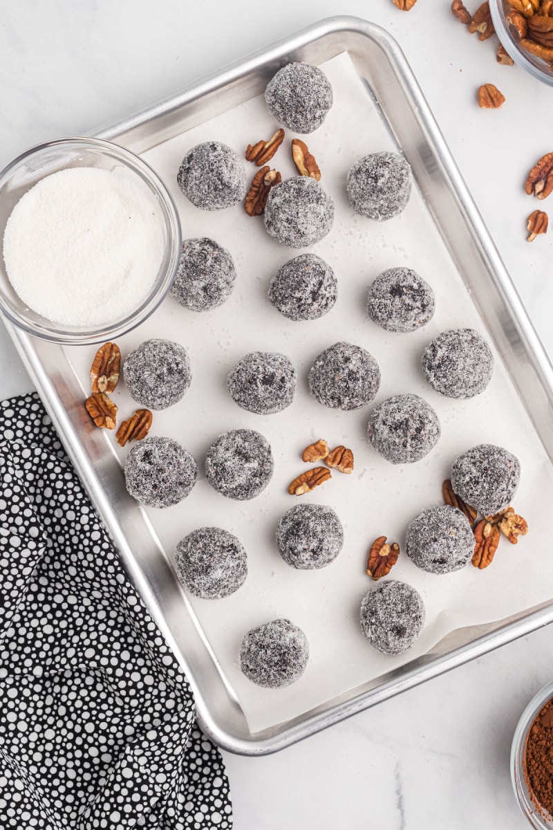 bourbon balls on baking sheet