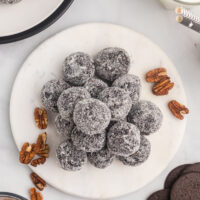 overhead shot of bourbon balls on a plate