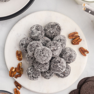 overhead shot of bourbon balls on a plate