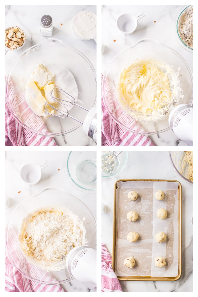 four photos showing how to make almond cream cheese snowball cookies