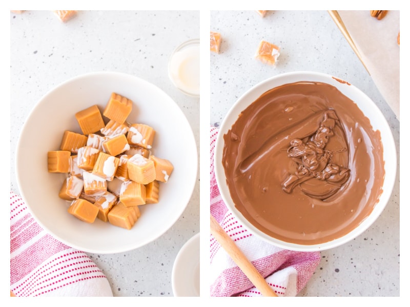 caramels in a bowl and melted chocolate in a bowl