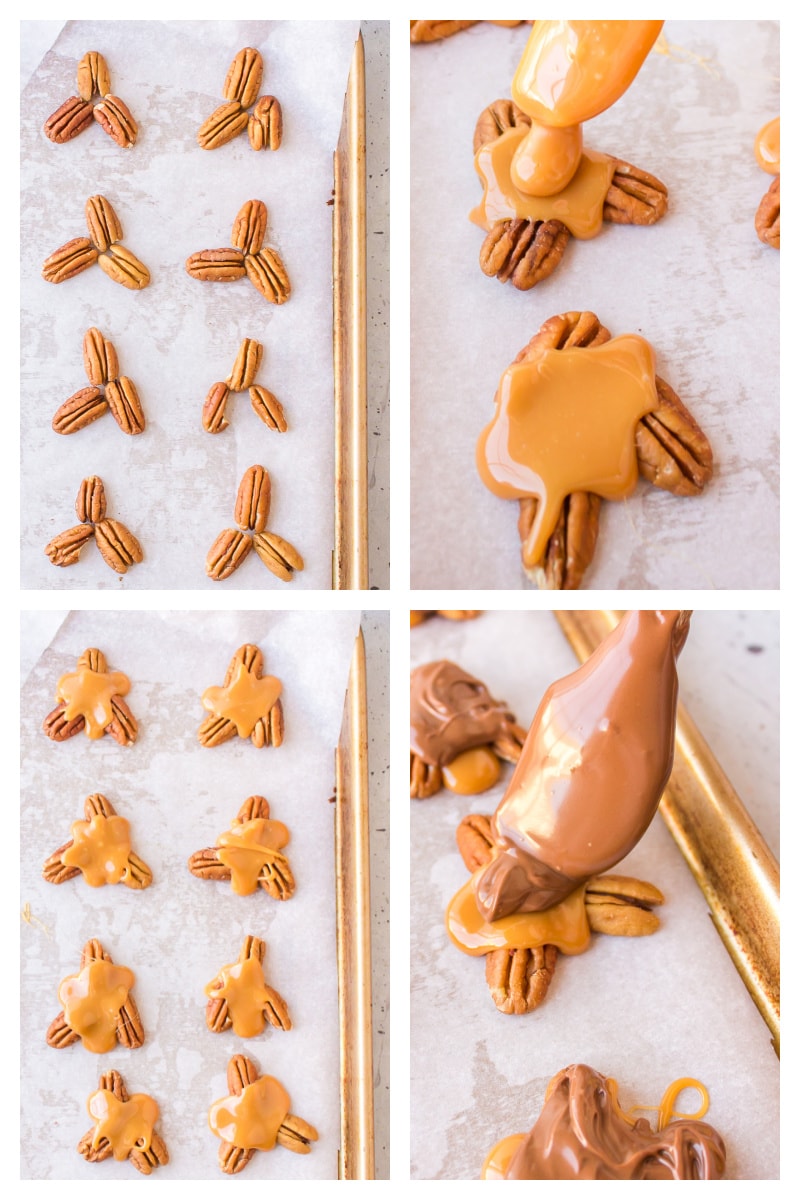 four photos showing how to assemble turtle candies