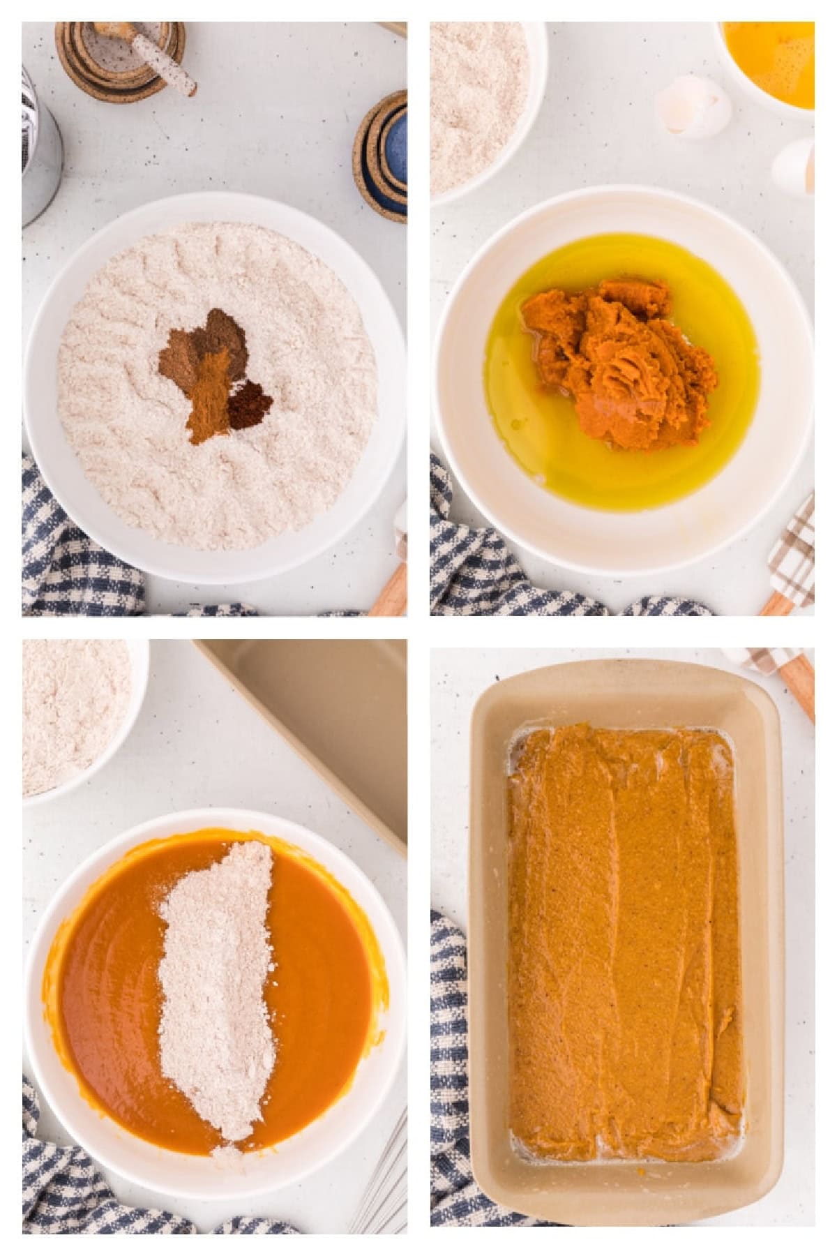 This moist Whole Wheat Pumpkin Bread is made with olive oil, pumpkin puree, whole wheat flour, cinnamon, nutmeg and warm fall spices. It's an easy pumpkin bread recipe for breakfast, snacking, freezing or fall gifting. four photos showing how to make whole wheat pumpkin bread