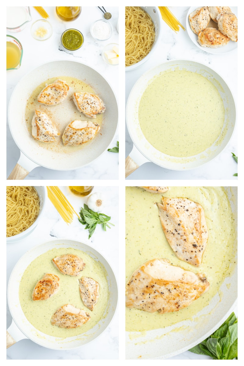 four photos showing how to make creamy pesto chicken