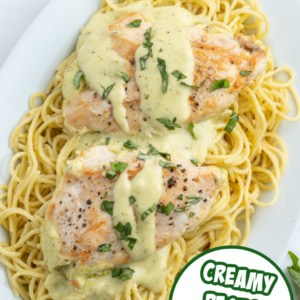 pinterest image for creamy pesto chicken