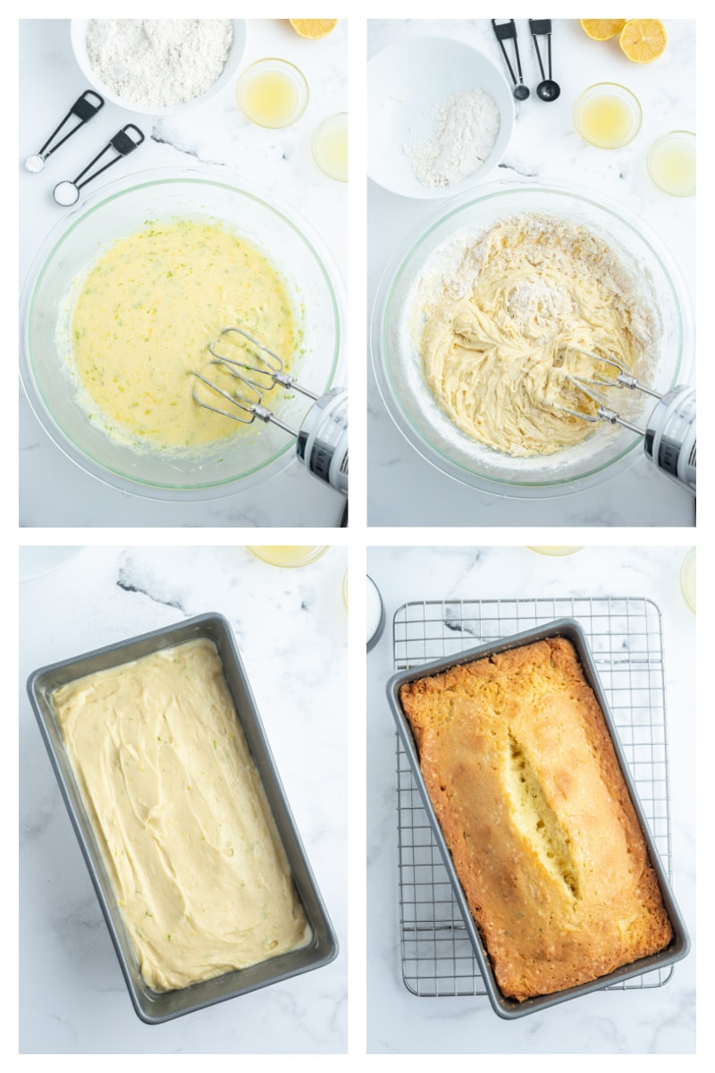 four photos showing how to make lemon lime pound cake