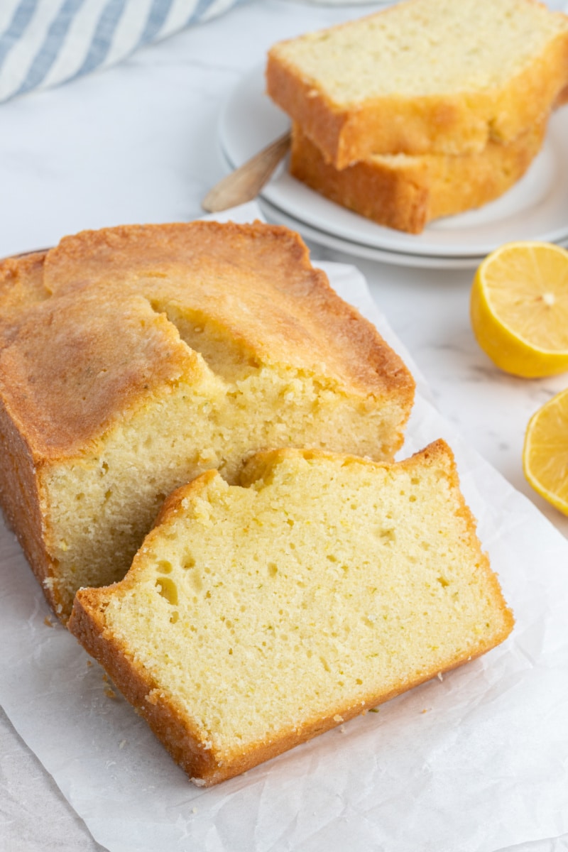 lemon lime pound cake with slice cut out of the loaf