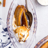 bananas foster in a dish with ice cream