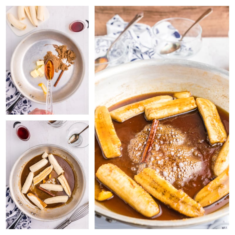 three photos showing how to make bananas foster in a skillet