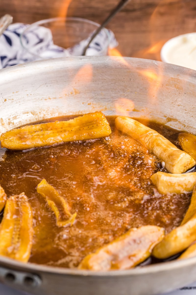 bananas foster in skillet with flame