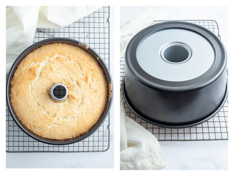 angel food cake in pan and then turned upside down on rack