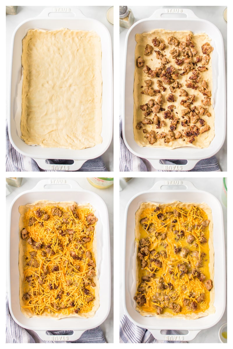 four photos showing assembly of easy brunch casserole in dish