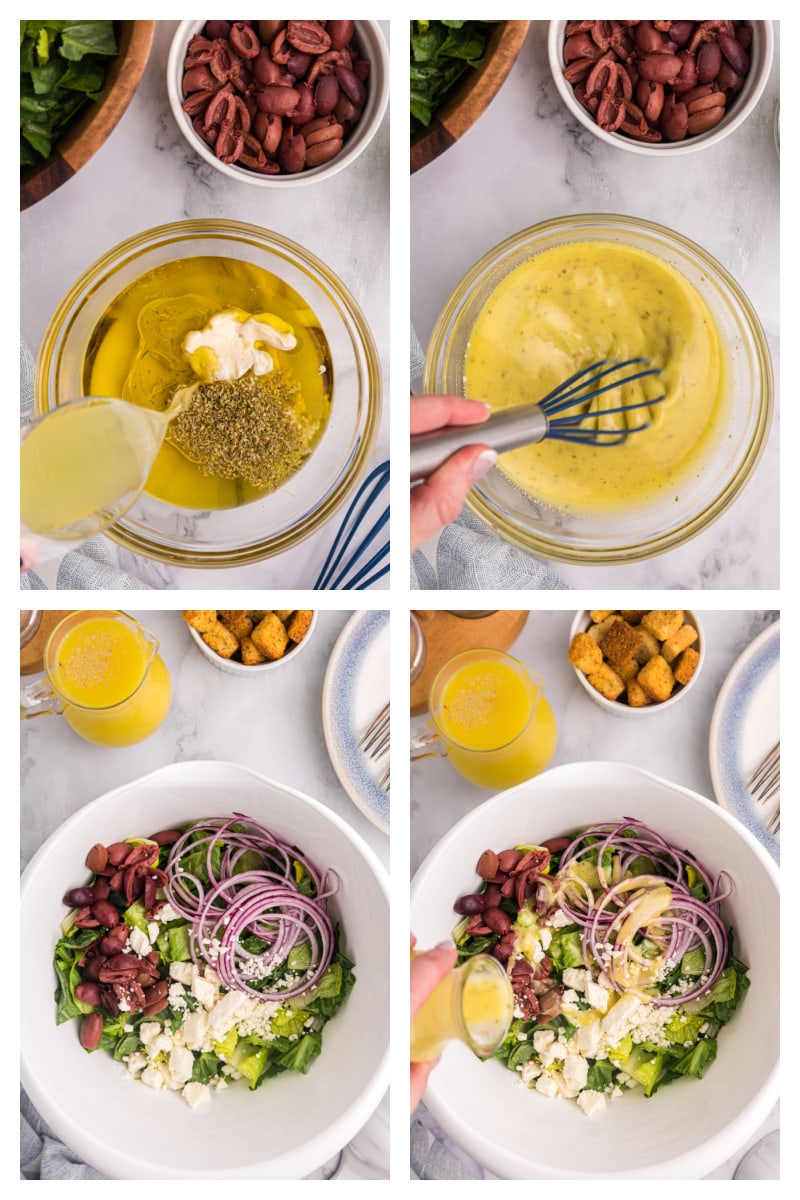 four photos showing how to make greek caesar salad