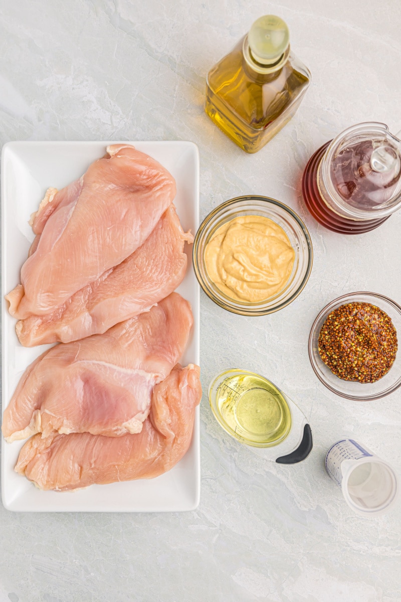 ingredients displayed for making honey mustard grilled chicken