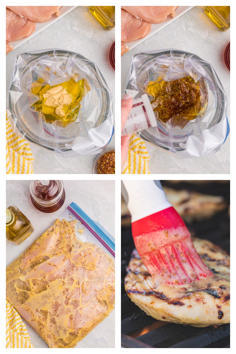 four photos showing how to marinate and grill honey mustard chicken