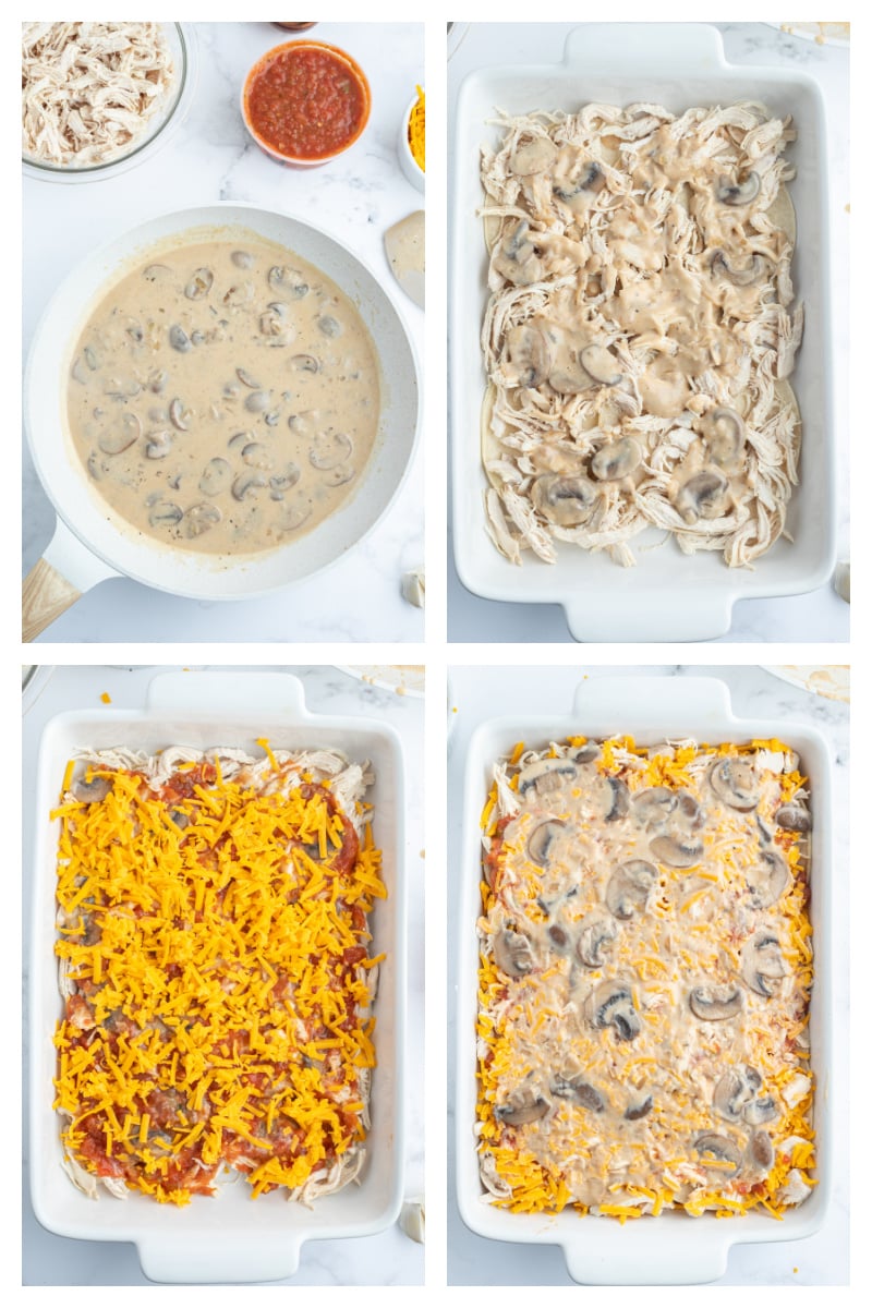 four photos showing how to make king ranch chicken casserole