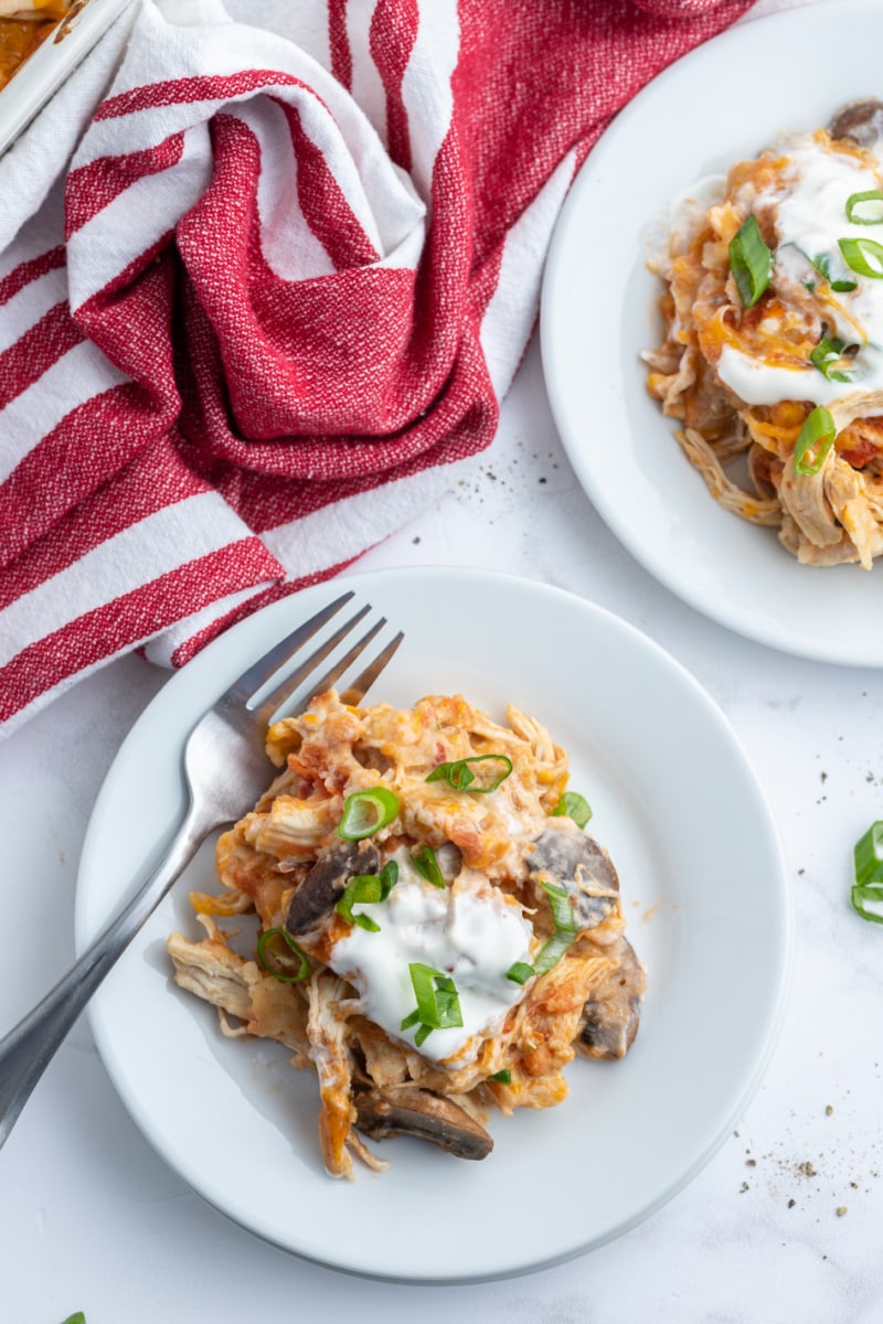 King Ranch Chicken Casserole recipe from RecipeGirl.com serving of king ranch chicken casserole on plate
