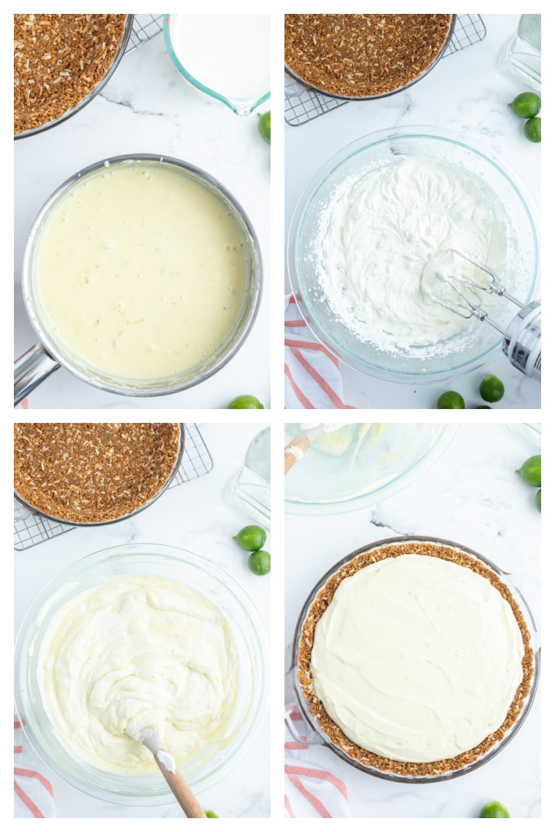 four photos showing making filling for key lime pie and filling in crust